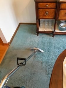 Photo of worker in a blue shirt hot steam cleaning a carpeted floor